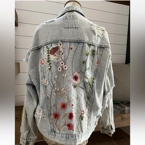 zara floral embroidered denim jacket with added recycled fabric unisex
